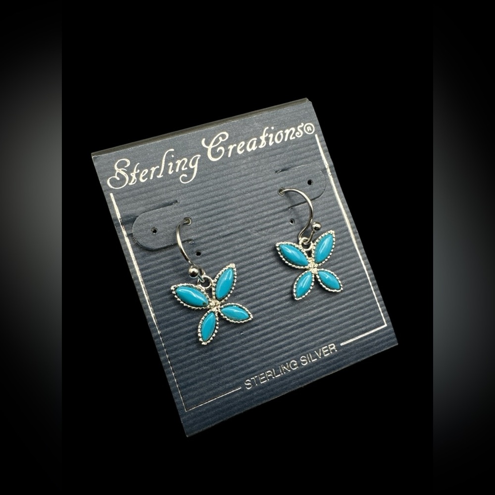 Vintage Southwest Sterling Silver Petite Turquoise Butterfly Dangle Earrings 5/8
